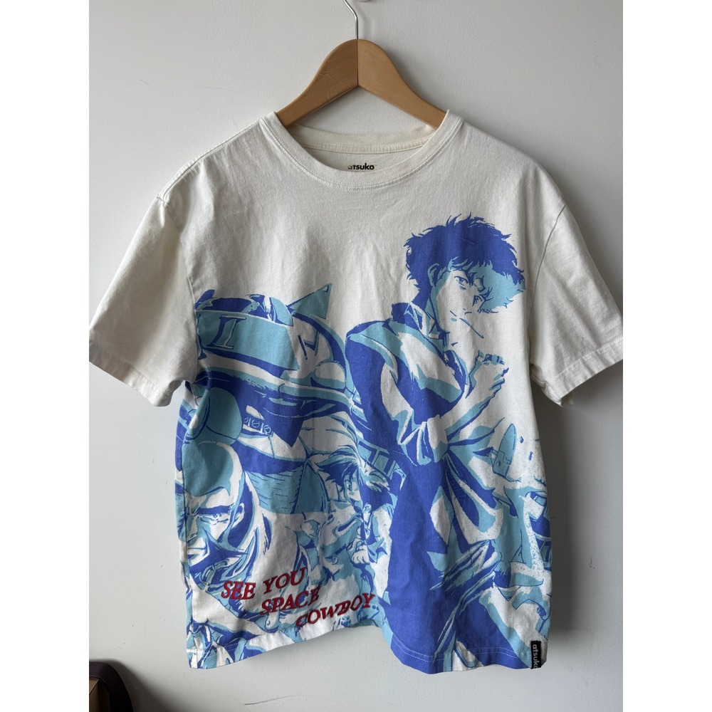 Atsuko Cowboy Bebop See You Space Cowboy Graphic T-Shirt Cream Blue Mens Medium